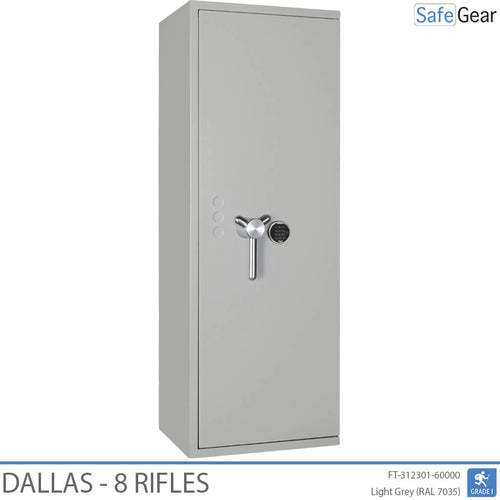 Dallas 8 gun safe in Light Grey, door closed, electronic code lock
