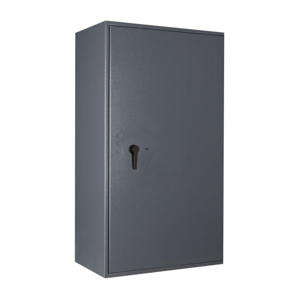 STL AS car key safe in graphite grey, door closed — front three-quarter view with key lock