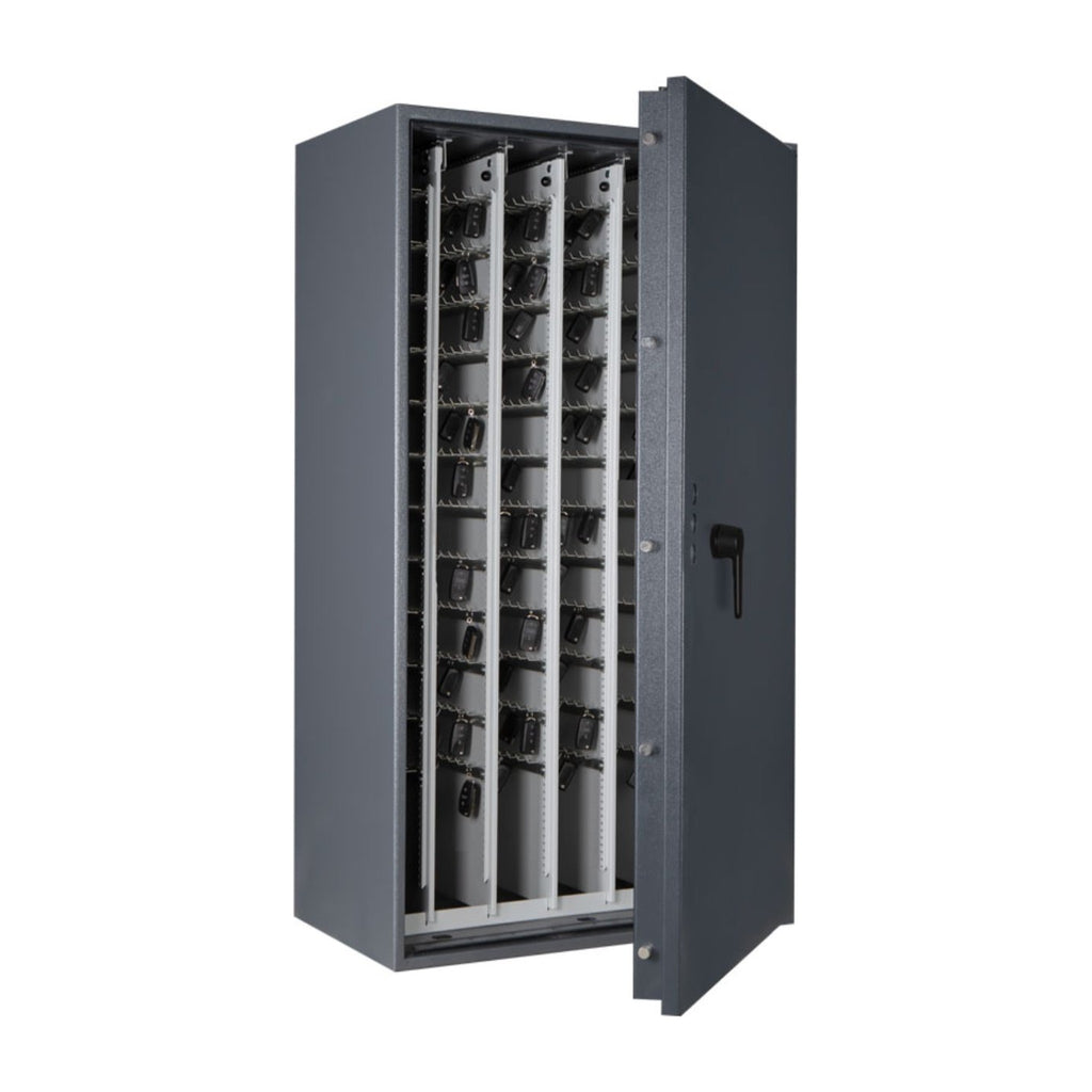 STL AS car key safe in graphite grey, door open showing pull-out racks loaded with car keys and fobs