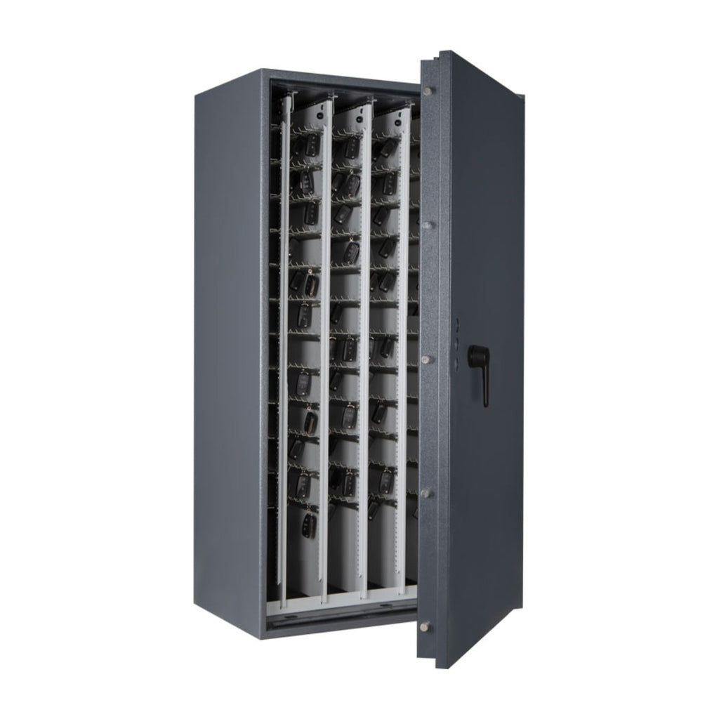 STL AS car key safe in graphite grey, door open at 45 degrees with car keys on the pull-out key racks