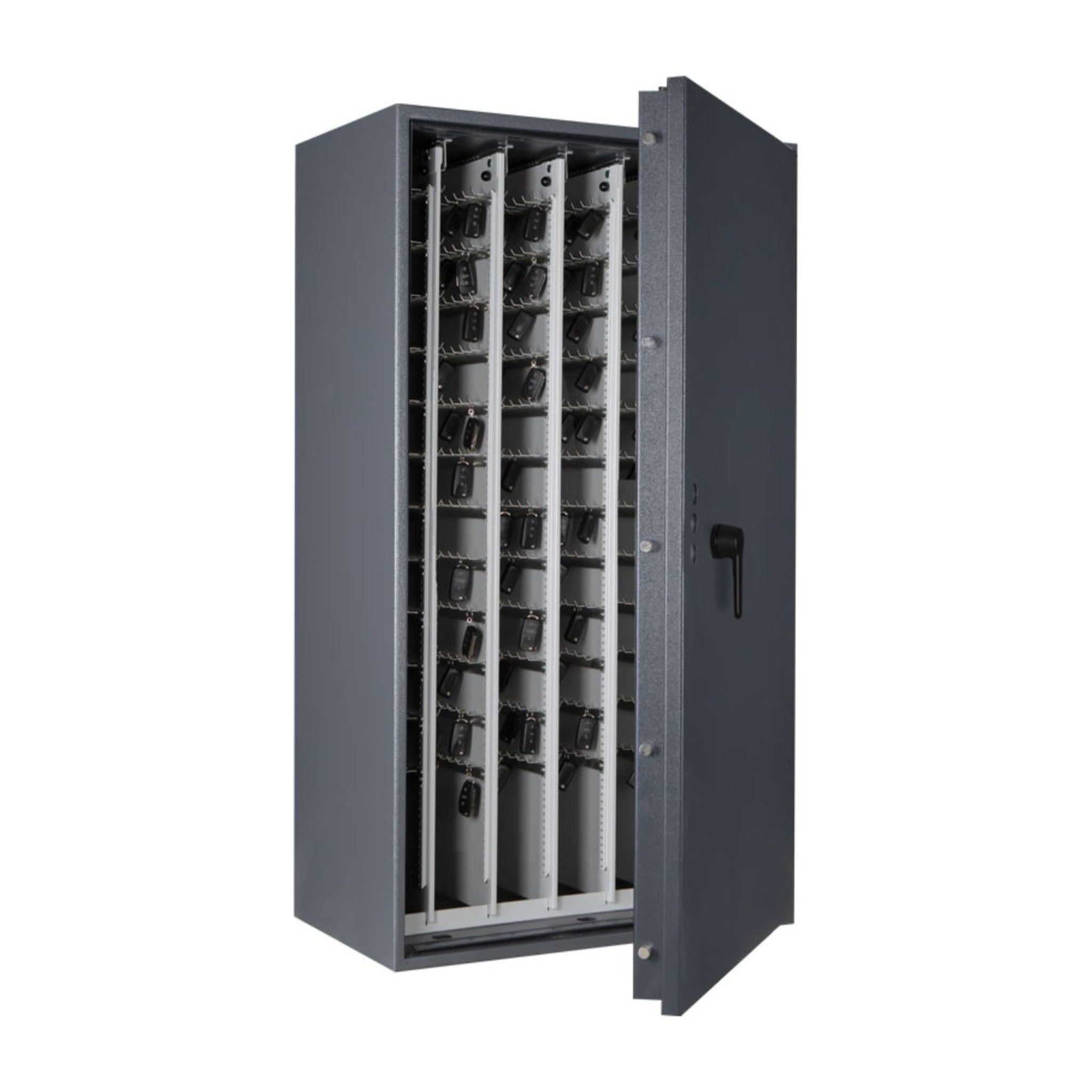 STL AS car key safe in graphite grey, door open at 45 degrees with car keys on the pull-out key racks