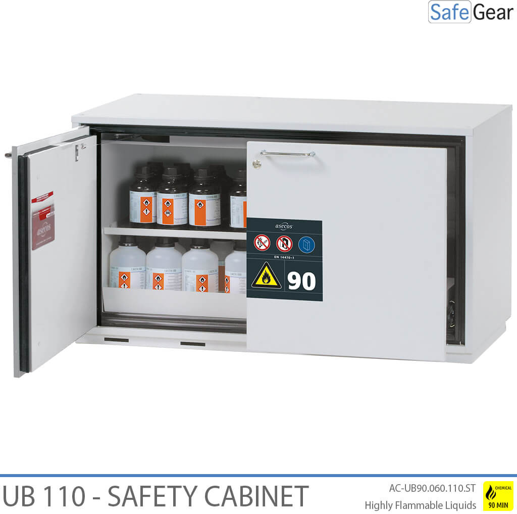 UB 110 - Armario de seguridad para químicos (222 L) - Ignífugo 90 min - Puertas Laternales y Cajones